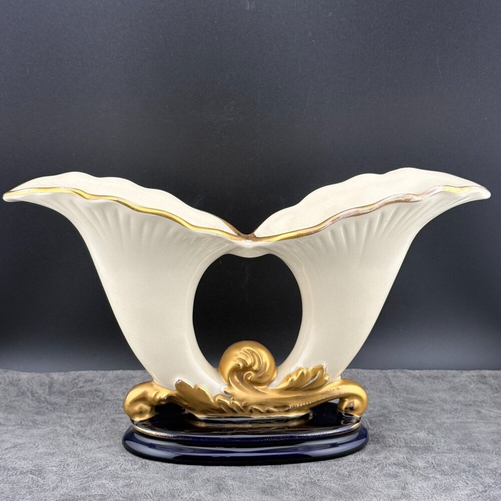 Double Cornucopia Vase Horn Plenty Cream Cobalt Blue Gold Vintage Ceramic 10" W